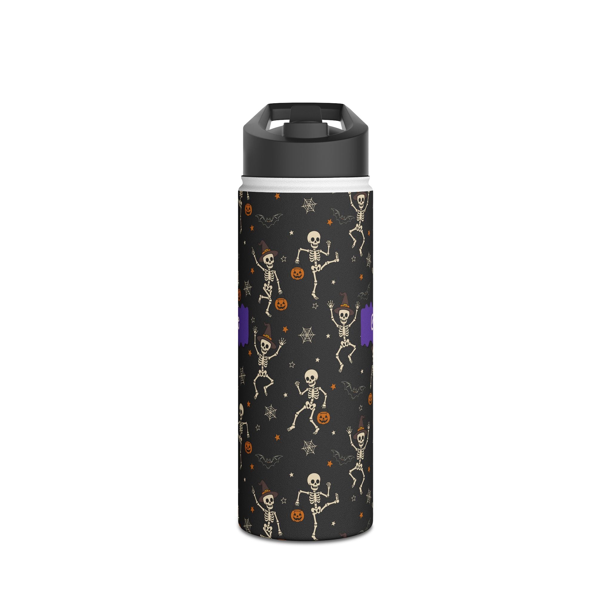 Personalized Halloween dancing skeleton water bottle size comparison