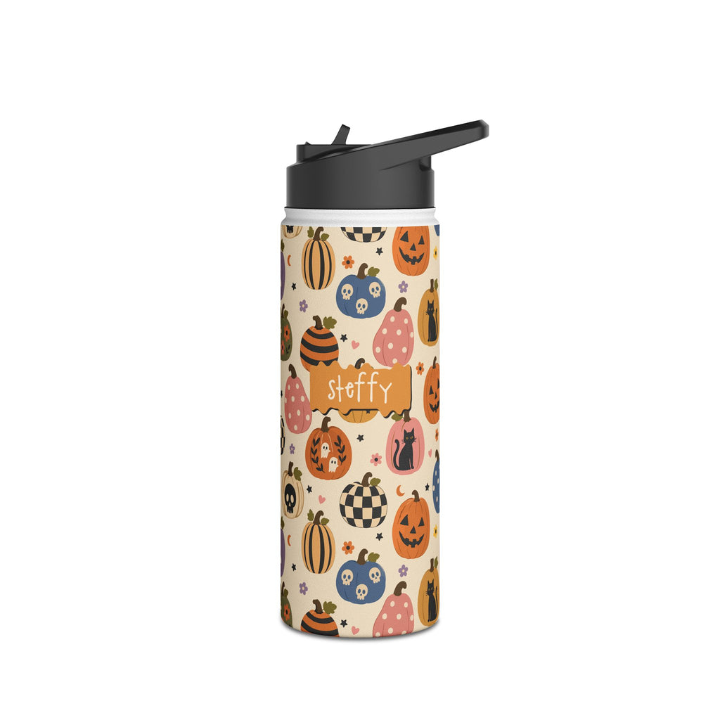 Angle view of personalized Halloween pumpkin patch water bottle with straw lid