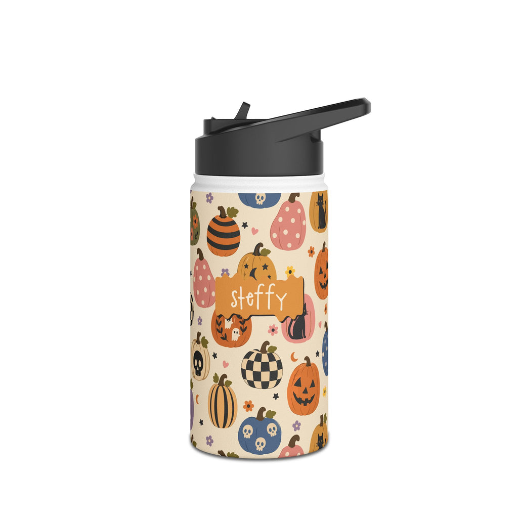 Back view of personalized Halloween pumpkin patch water bottle