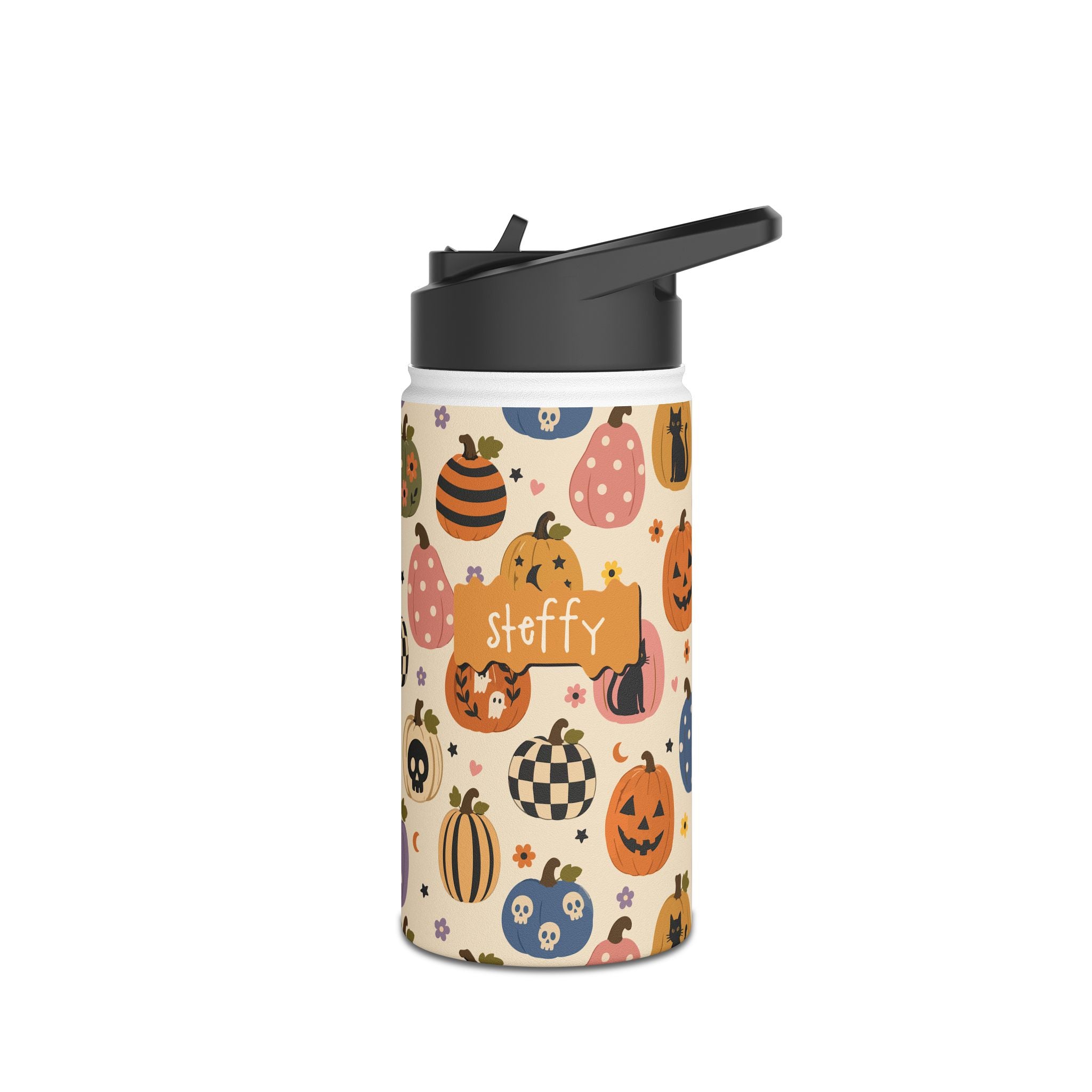Back view of personalized Halloween pumpkin patch water bottle
