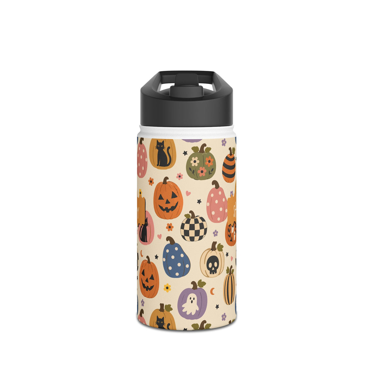 Personalized Halloween pumpkin patch water bottle held in hand