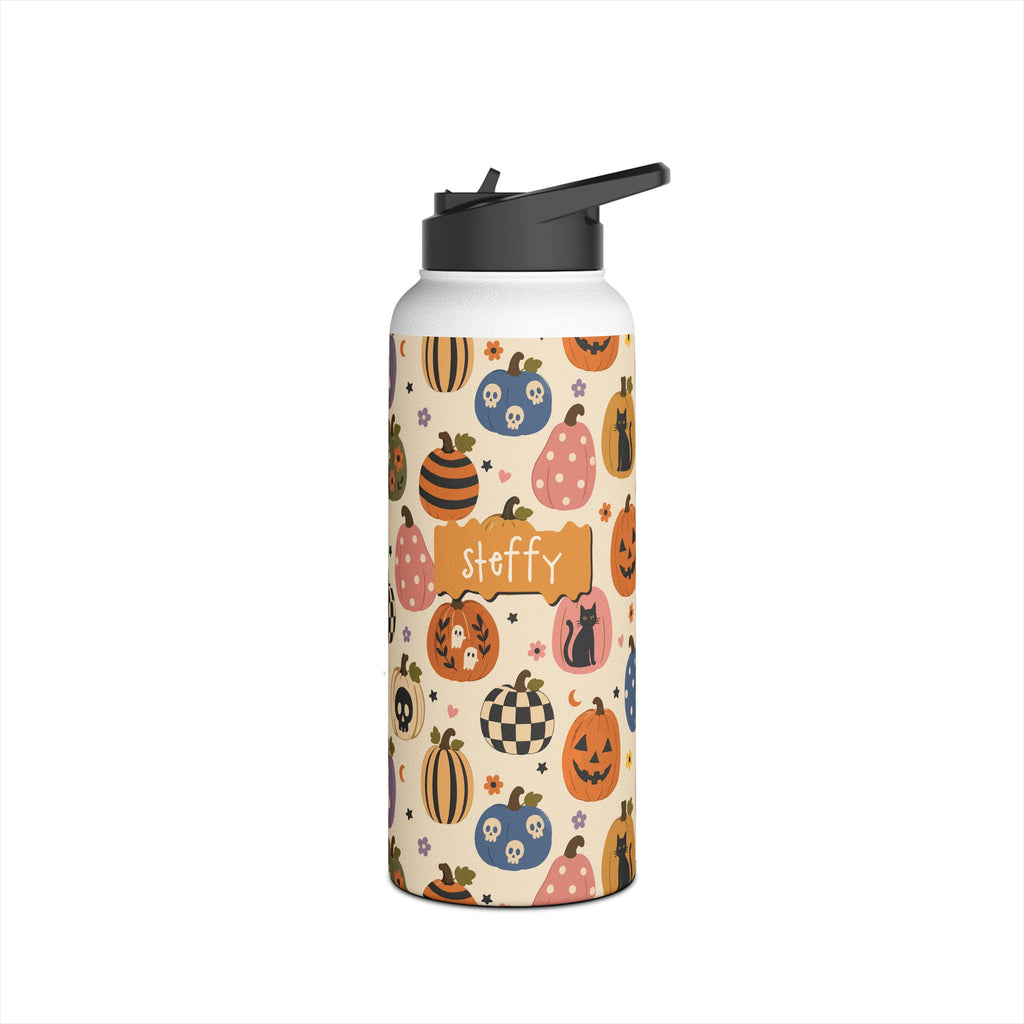 Detail of twist on lid on personalized Halloween pumpkin patch water bottle