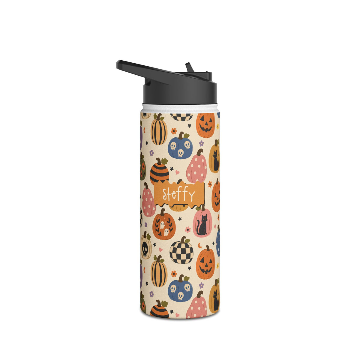 Personalized Halloween pumpkin patch water bottle in lifestyle setting