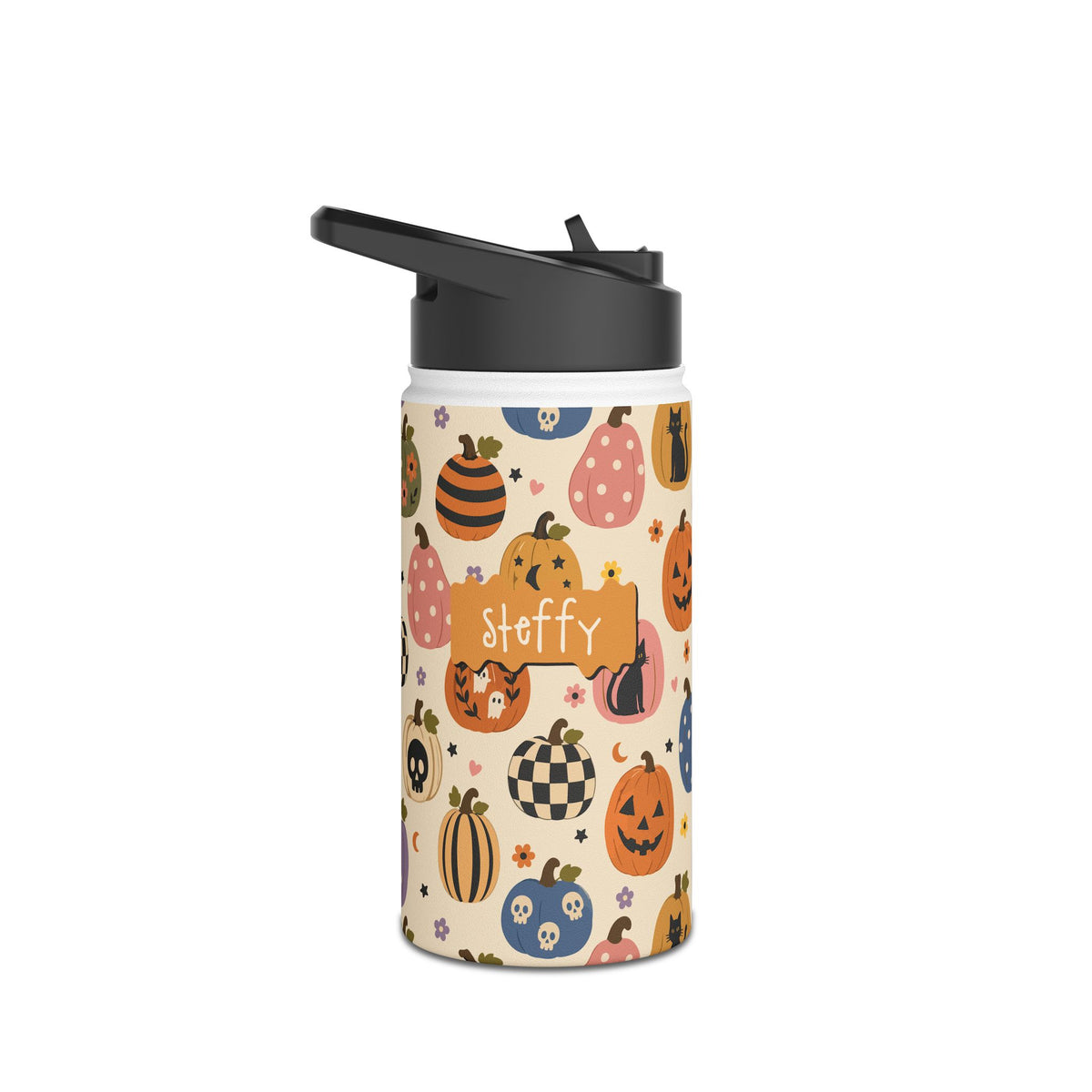 Personalized Halloween water bottle with colorful pumpkin patch design, custom name