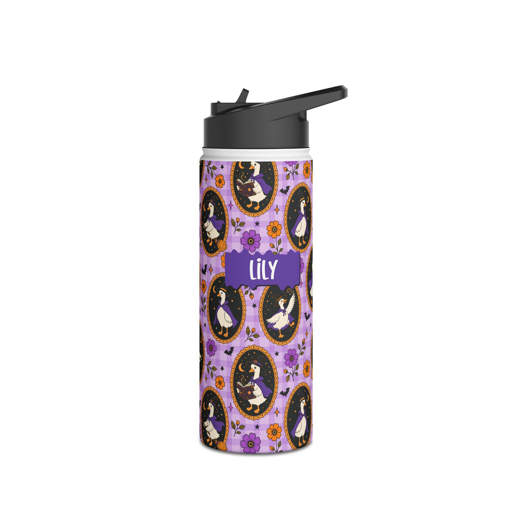 Angle view of personalized Halloween witchy goose water bottle with straw lid