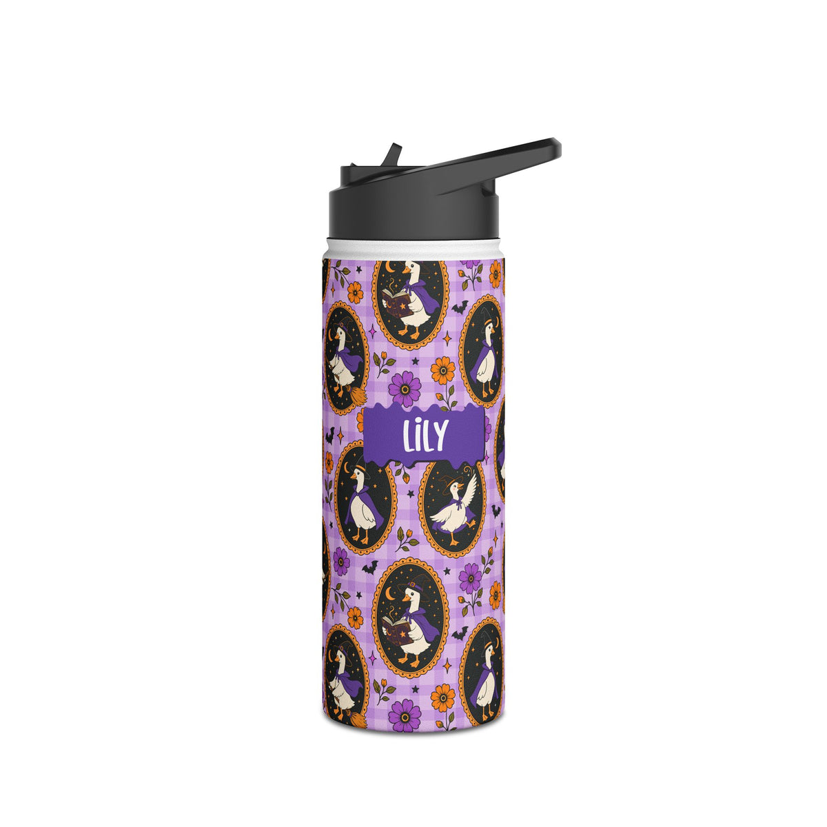 Angle view of personalized Halloween witchy goose water bottle with straw lid