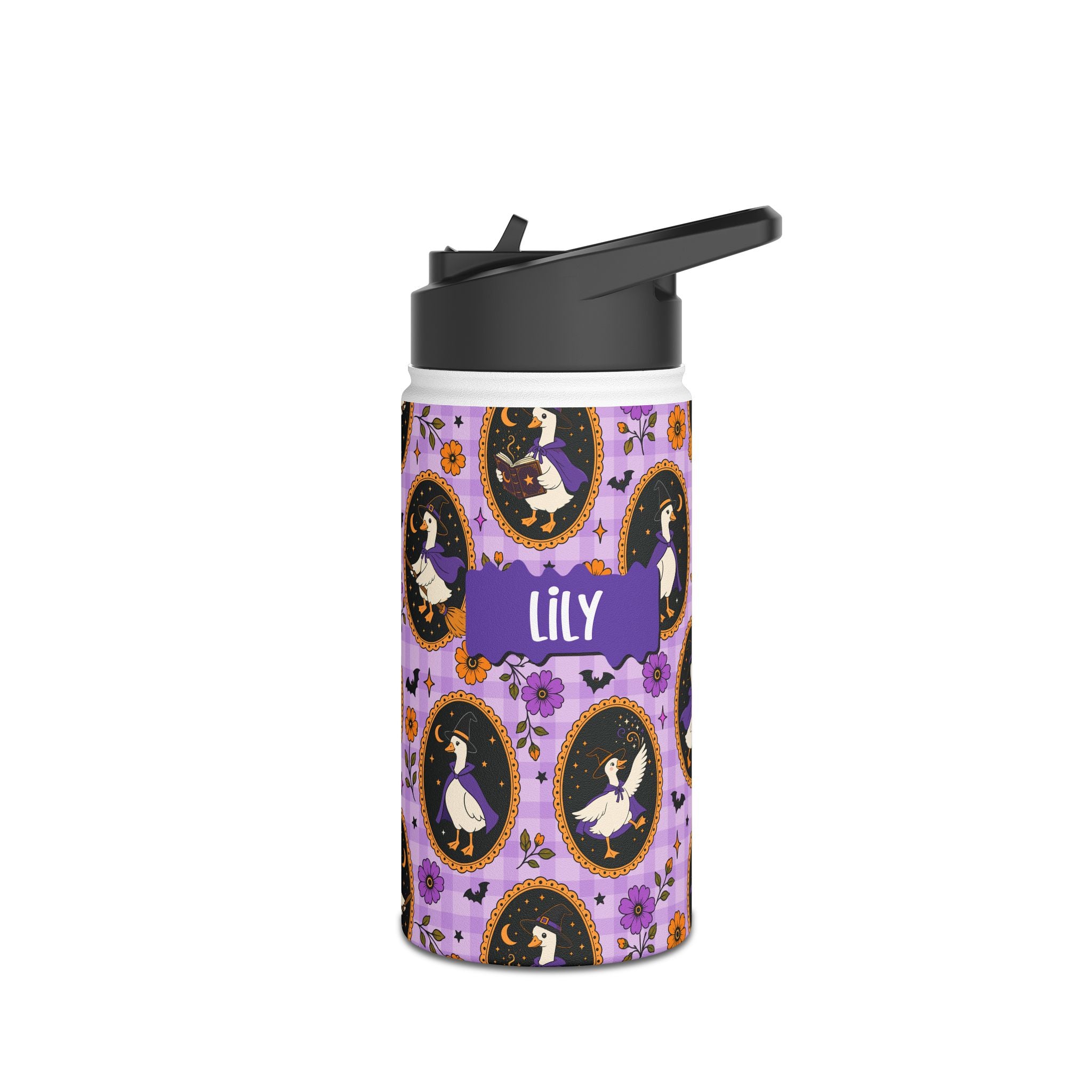 Back view of personalized Halloween witchy goose water bottle