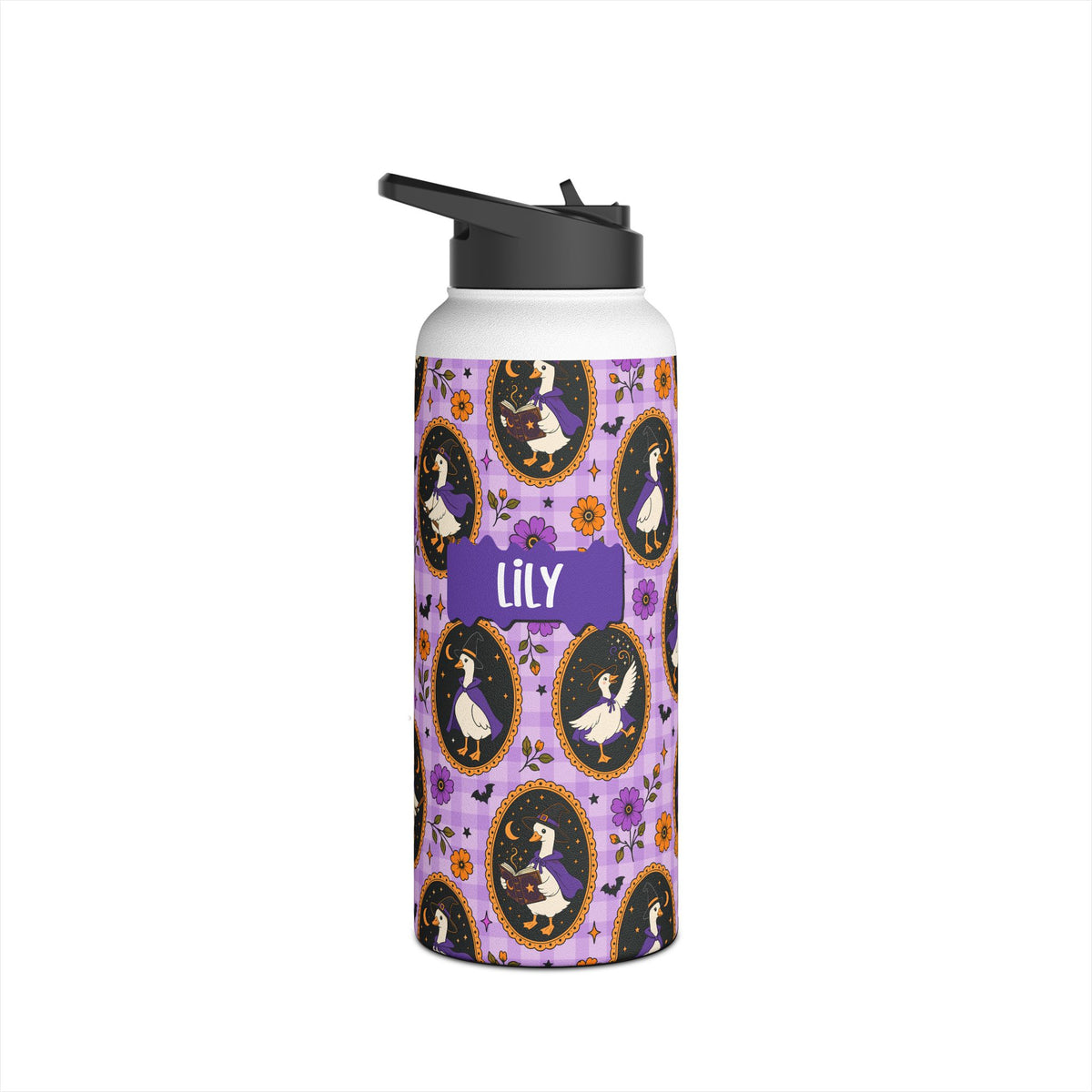 Close up of custom name plaque on Halloween witchy goose water bottle