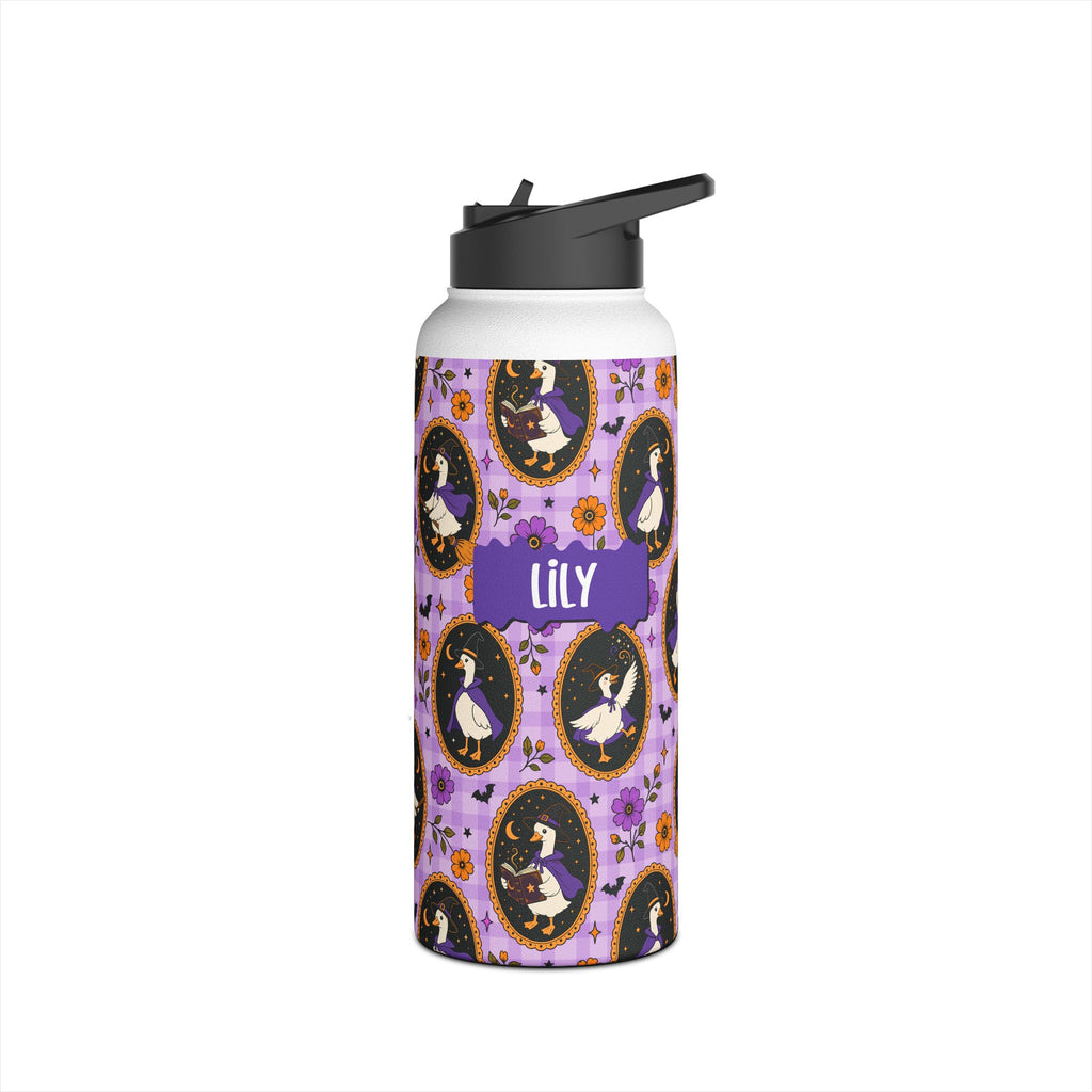 Detail of twist on lid on personalized Halloween witchy goose water bottle