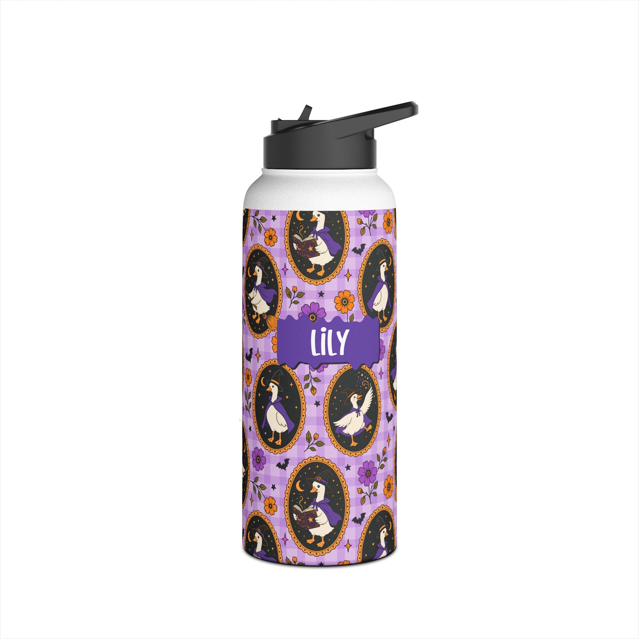 Detail of twist on lid on personalized Halloween witchy goose water bottle