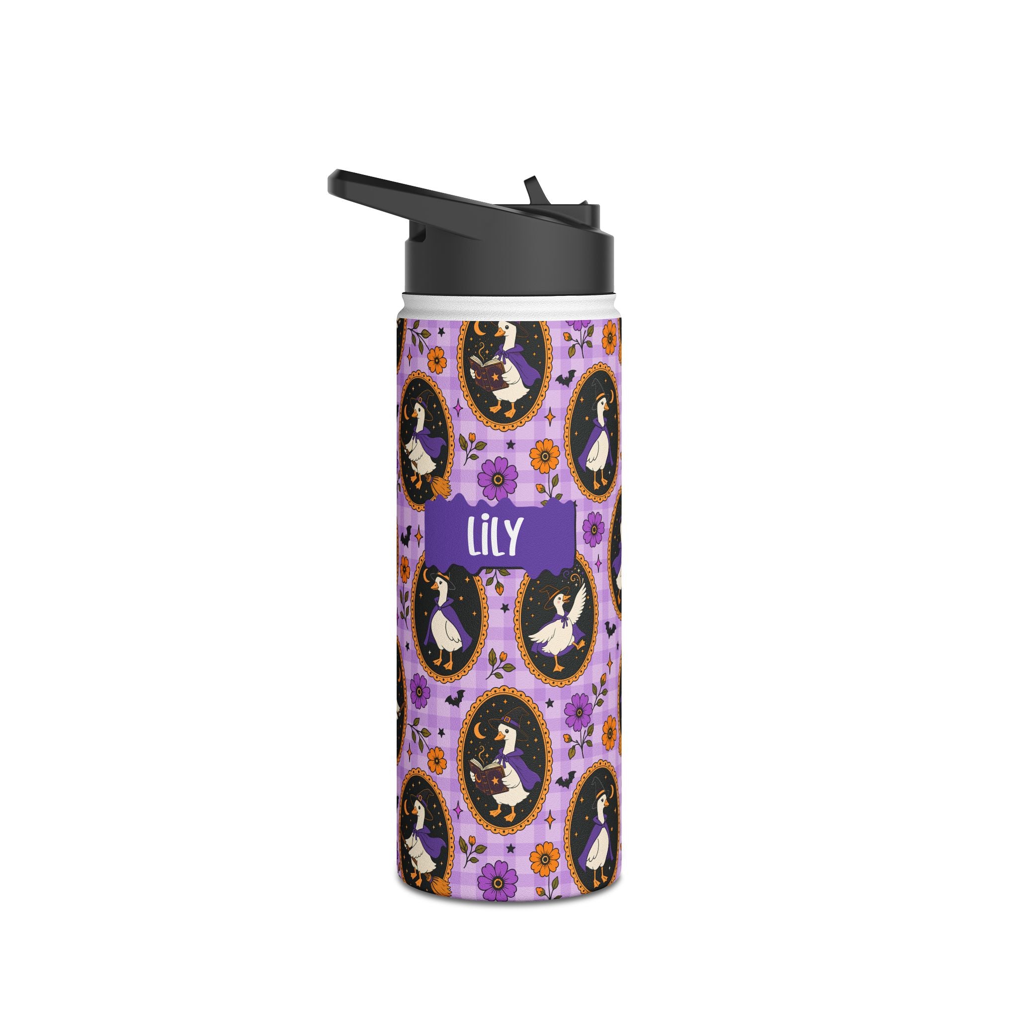 Personalized Halloween witchy goose water bottle in lifestyle setting