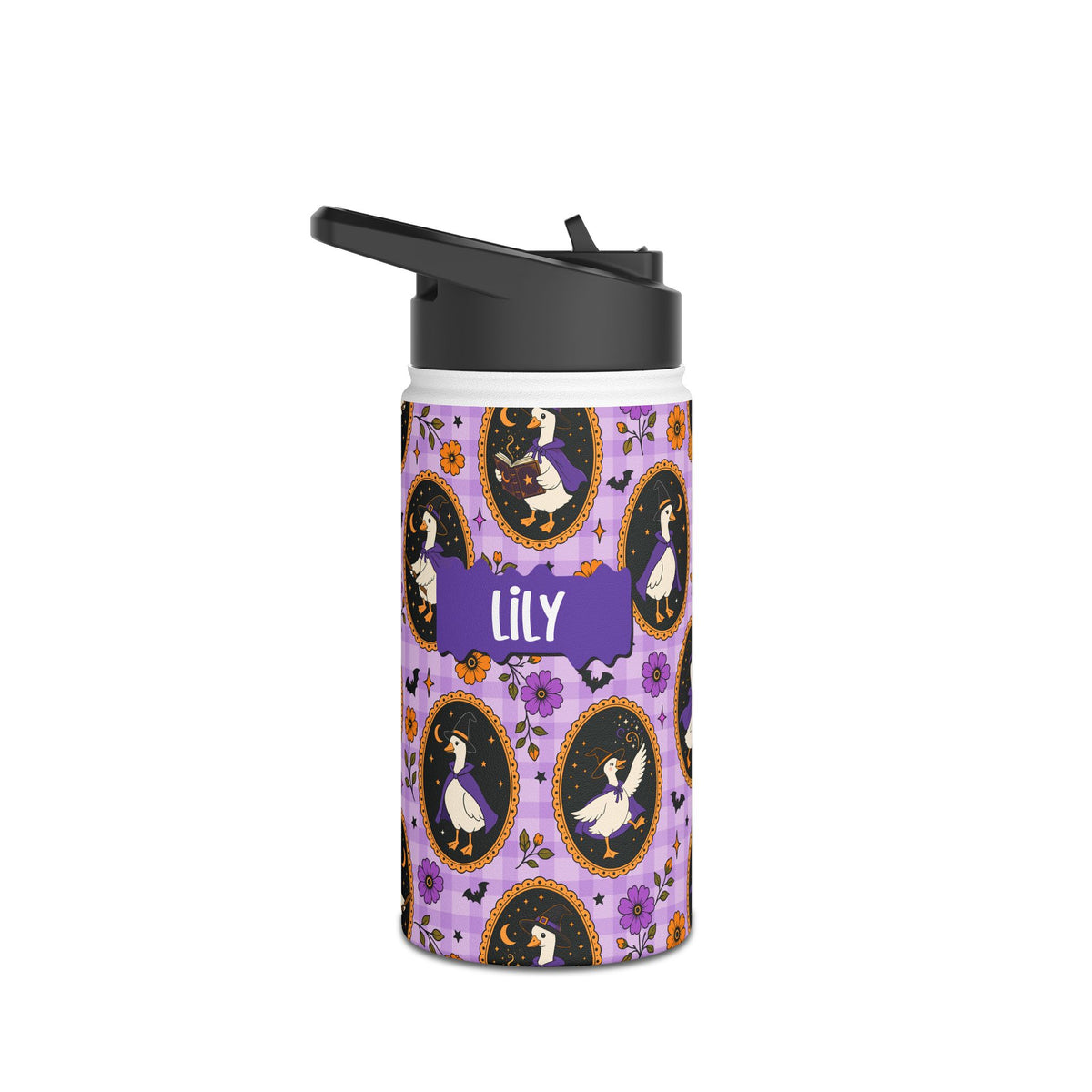 Personalized Halloween water bottle with witchy goose in ornate frames on purple gingham, custom name