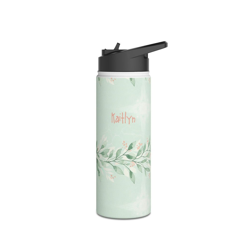 Angle view of personalized sage green botanical water bottle with straw lid