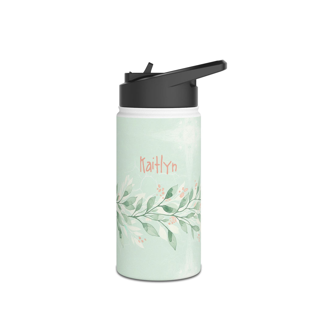 Back view of personalized sage green botanical water bottle