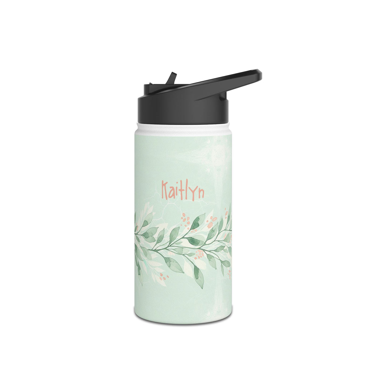 Back view of personalized sage green botanical water bottle
