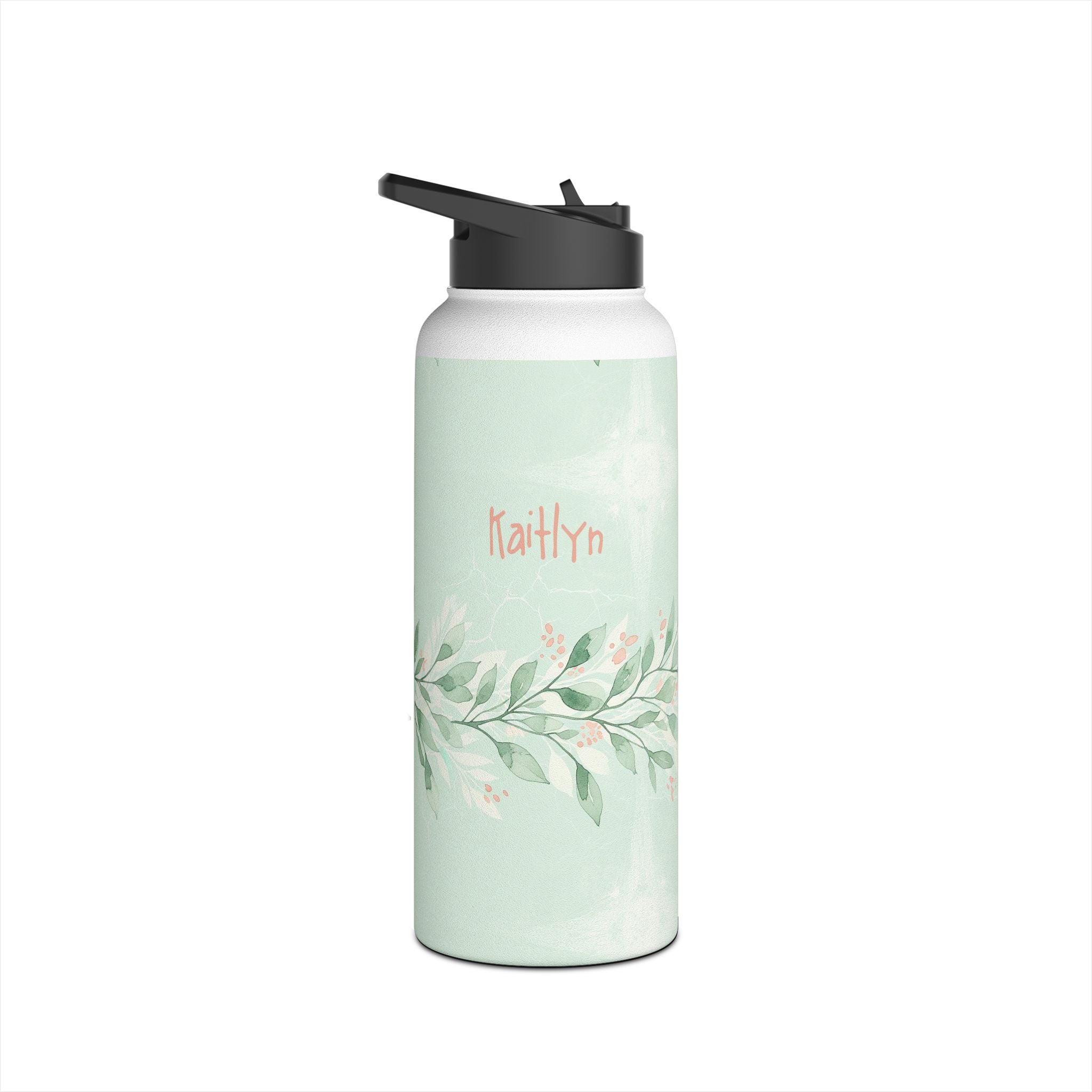 Close up of custom name on sage green botanical water bottle