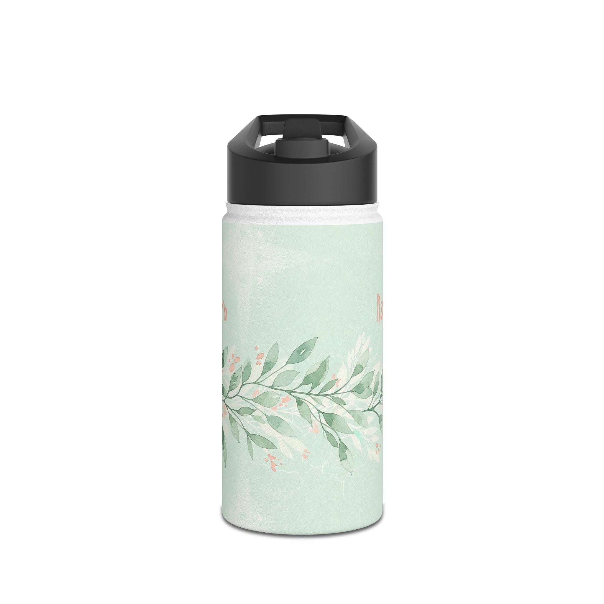 Personalized sage green botanical water bottle held in hand