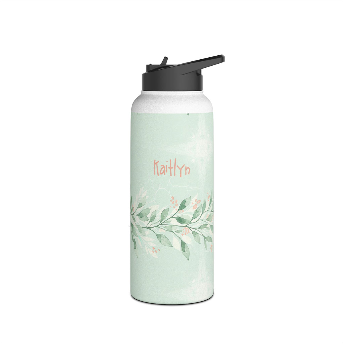 Detail of twist on lid on personalized sage green botanical water bottle