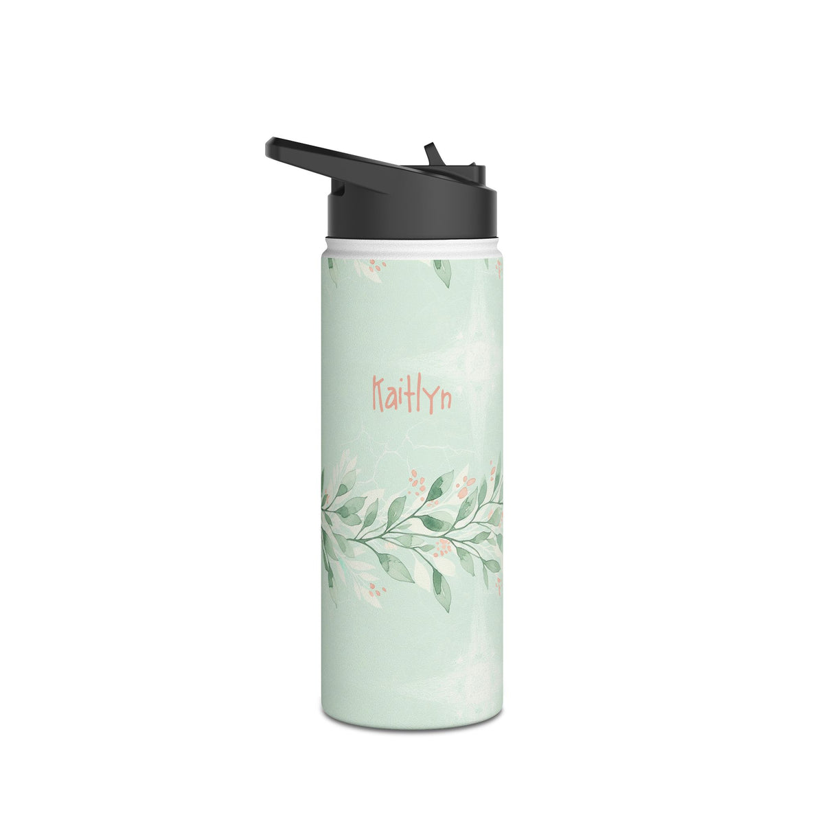 Personalized sage green botanical water bottle in lifestyle setting
