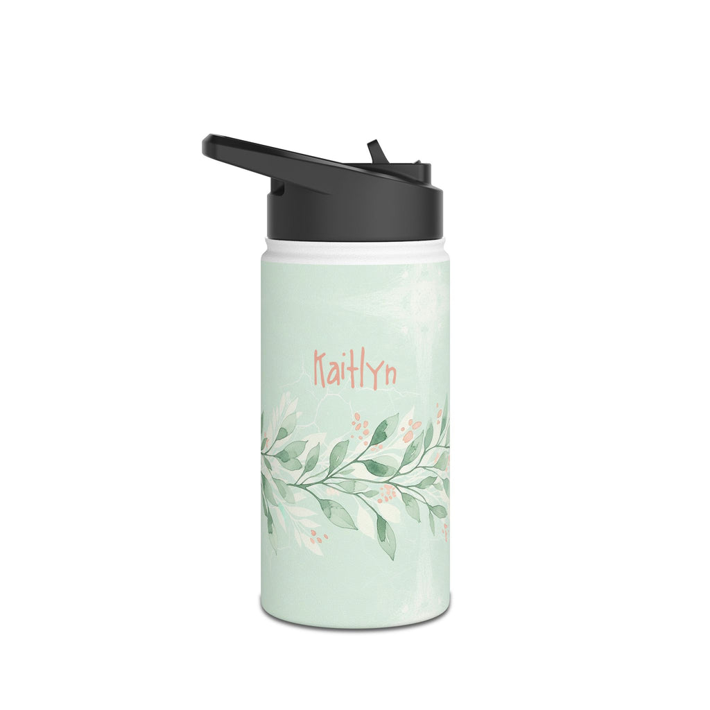 Personalized water bottle with sage green watercolor botanical vine design, custom name