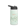 Personalized water bottle with sage green watercolor botanical vine design, custom name