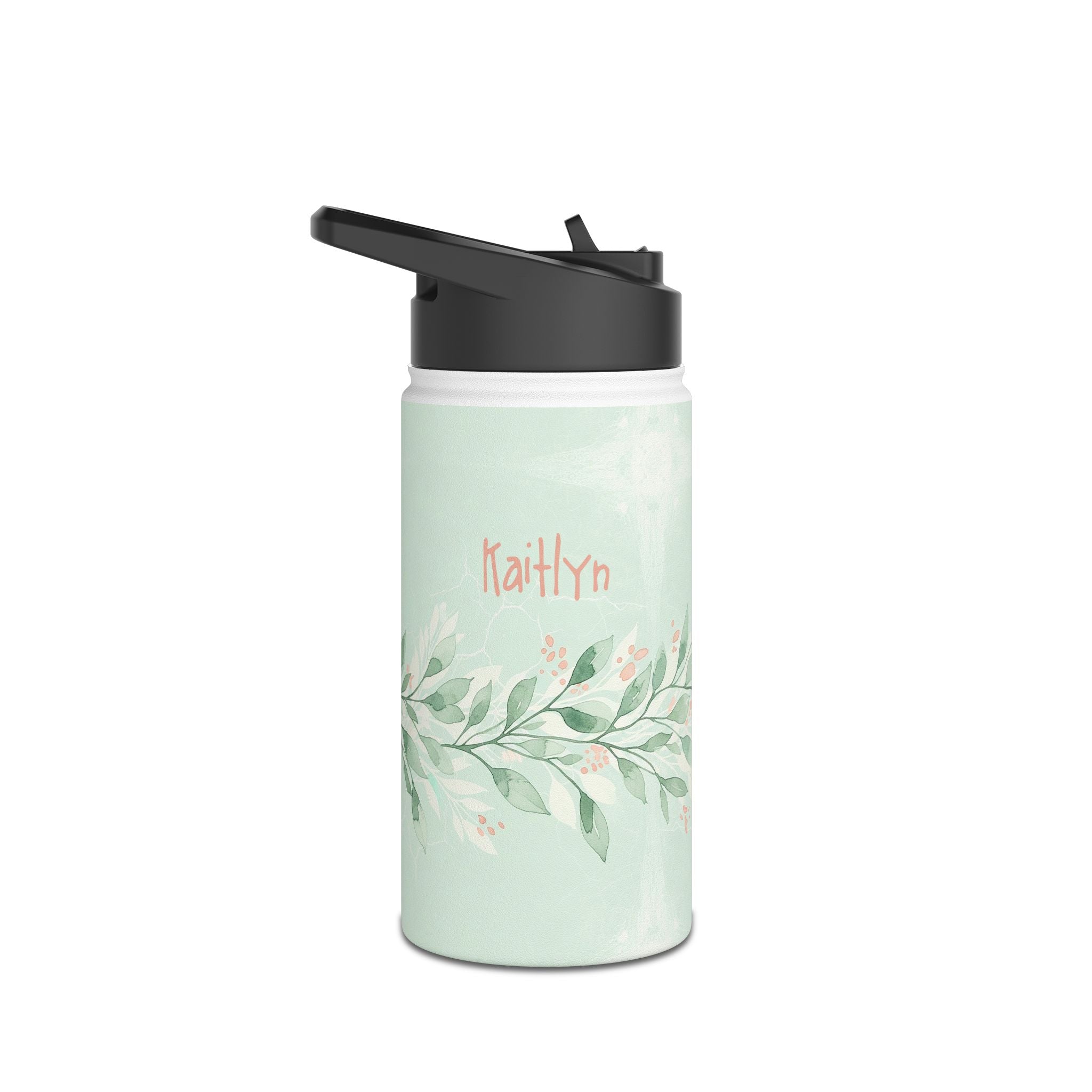 Personalized water bottle with sage green watercolor botanical vine design, custom name