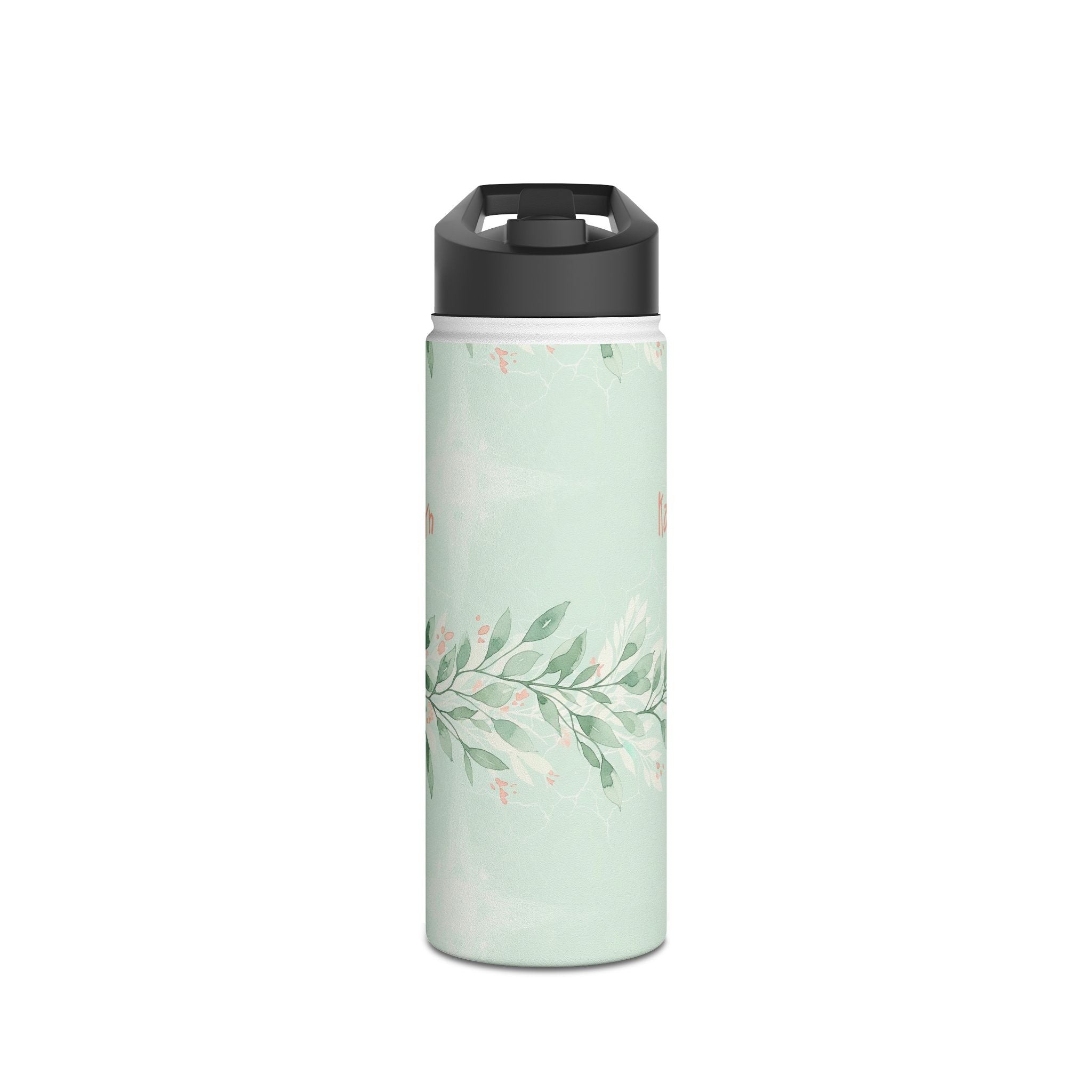 Personalized sage green botanical water bottle size comparison