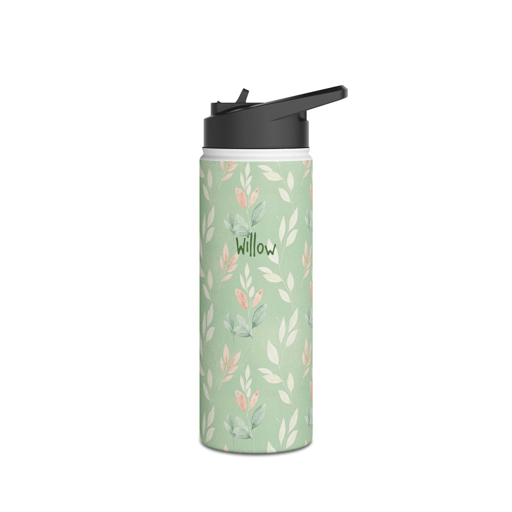 Angle view of personalized sage green leaf print water bottle with straw lid