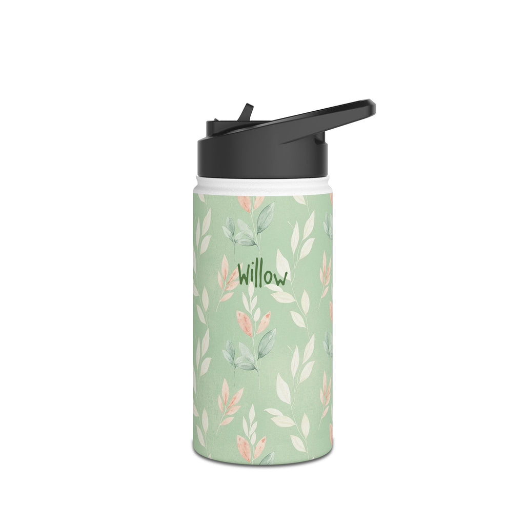 Back view of personalized sage green leaf print water bottle