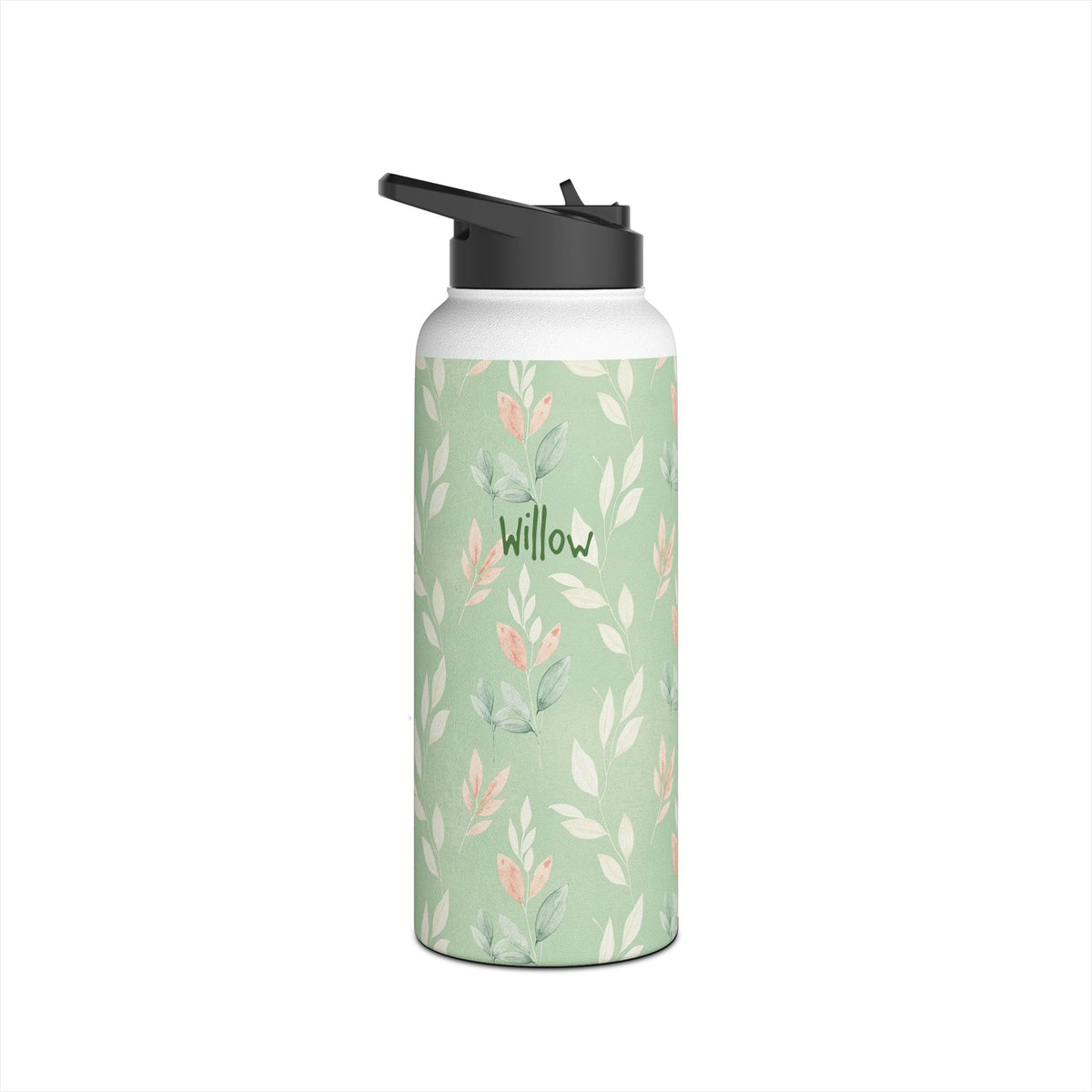 Close up of custom name on sage green leaf print water bottle