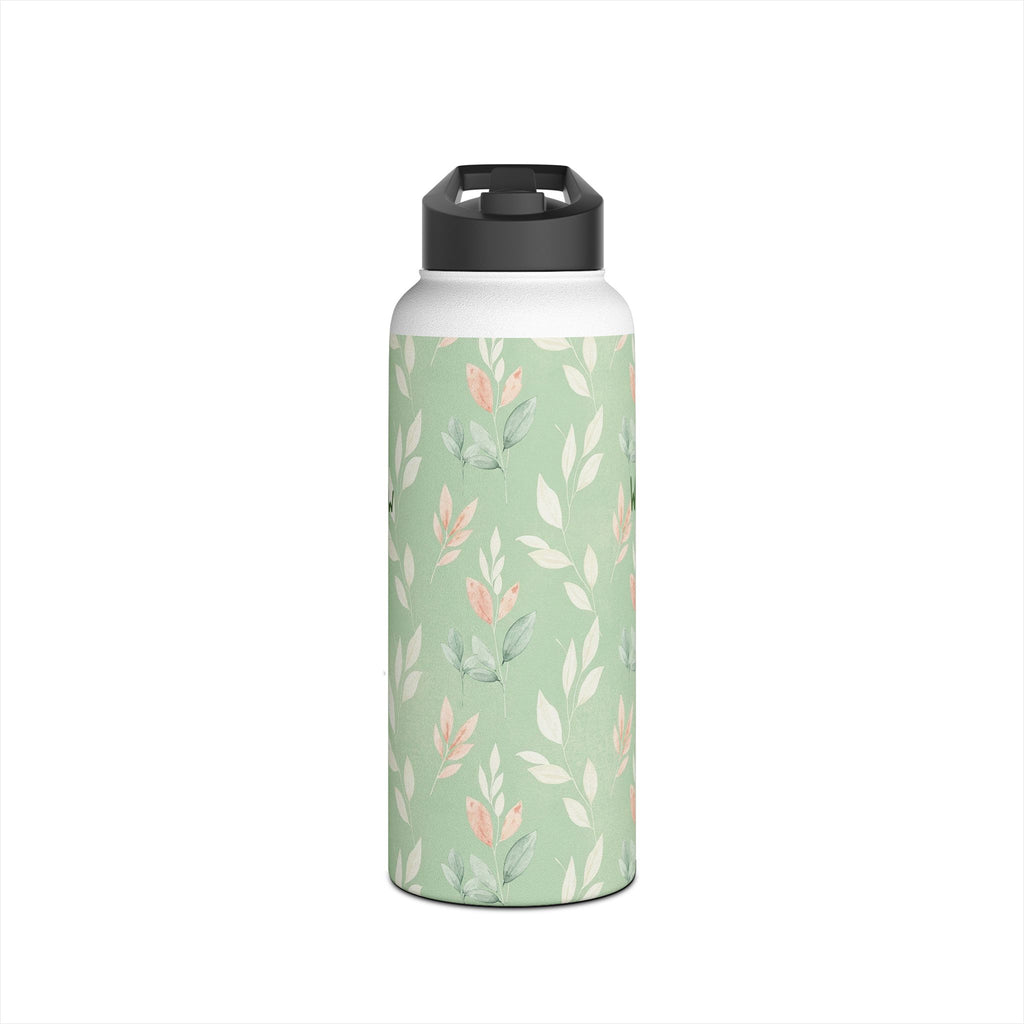 Personalized sage green leaf print water bottle gift setting