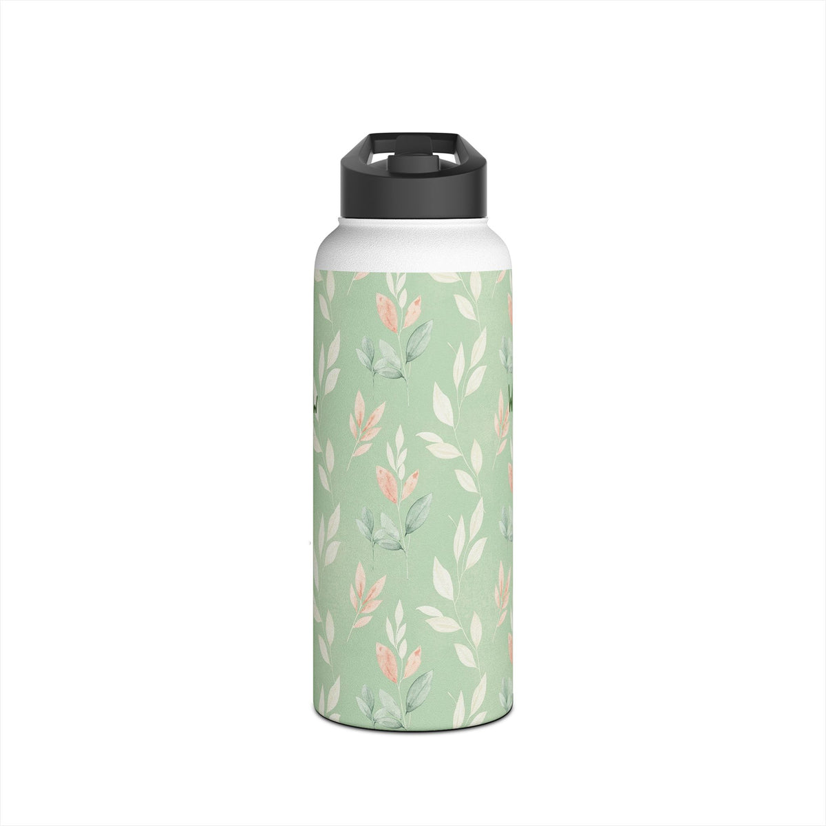 Personalized sage green leaf print water bottle gift setting