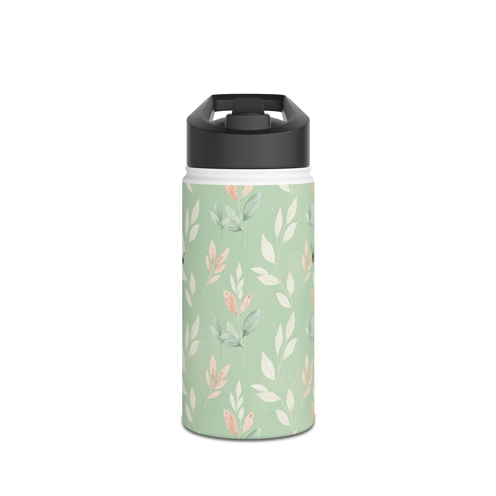 Personalized sage green leaf print water bottle held in hand
