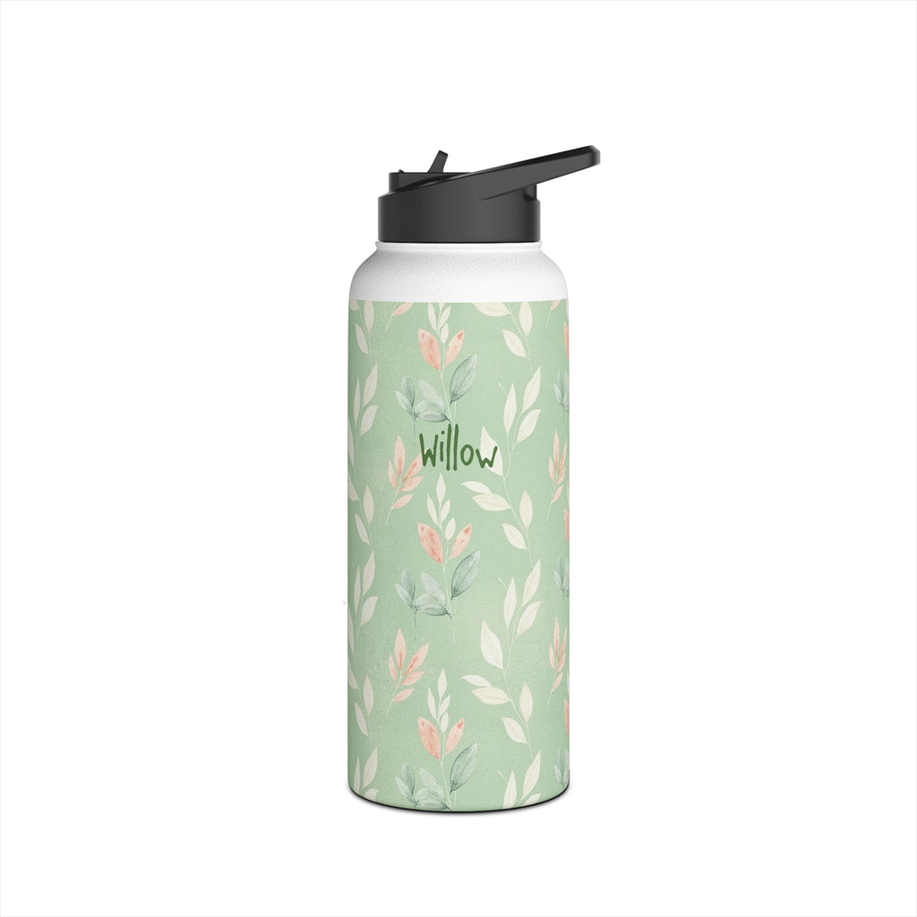 Detail of twist on lid on personalized sage green leaf print water bottle