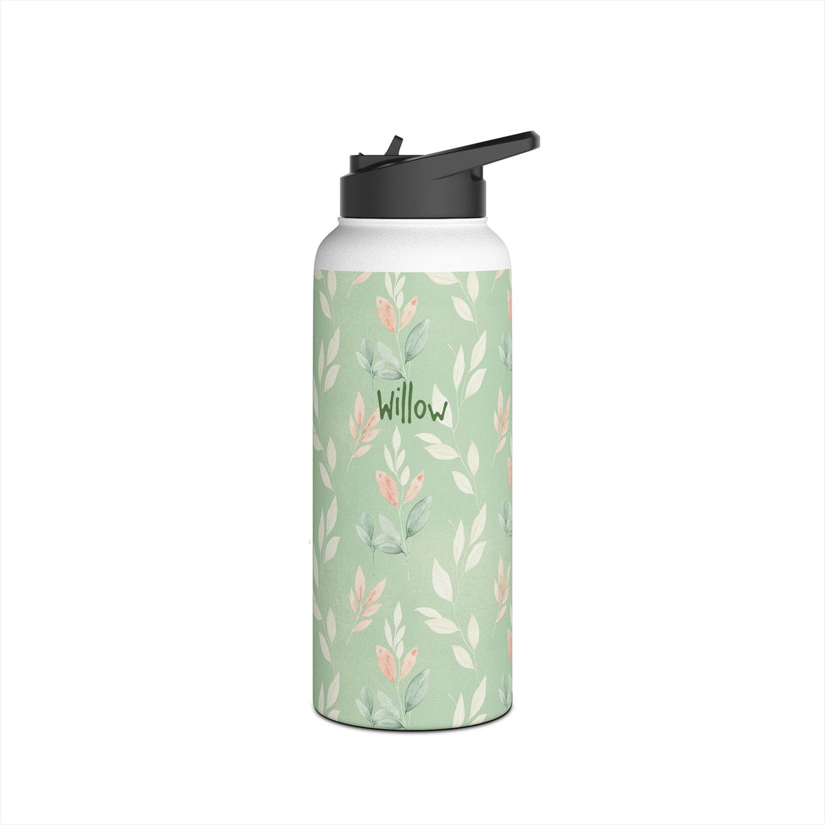 Detail of twist on lid on personalized sage green leaf print water bottle