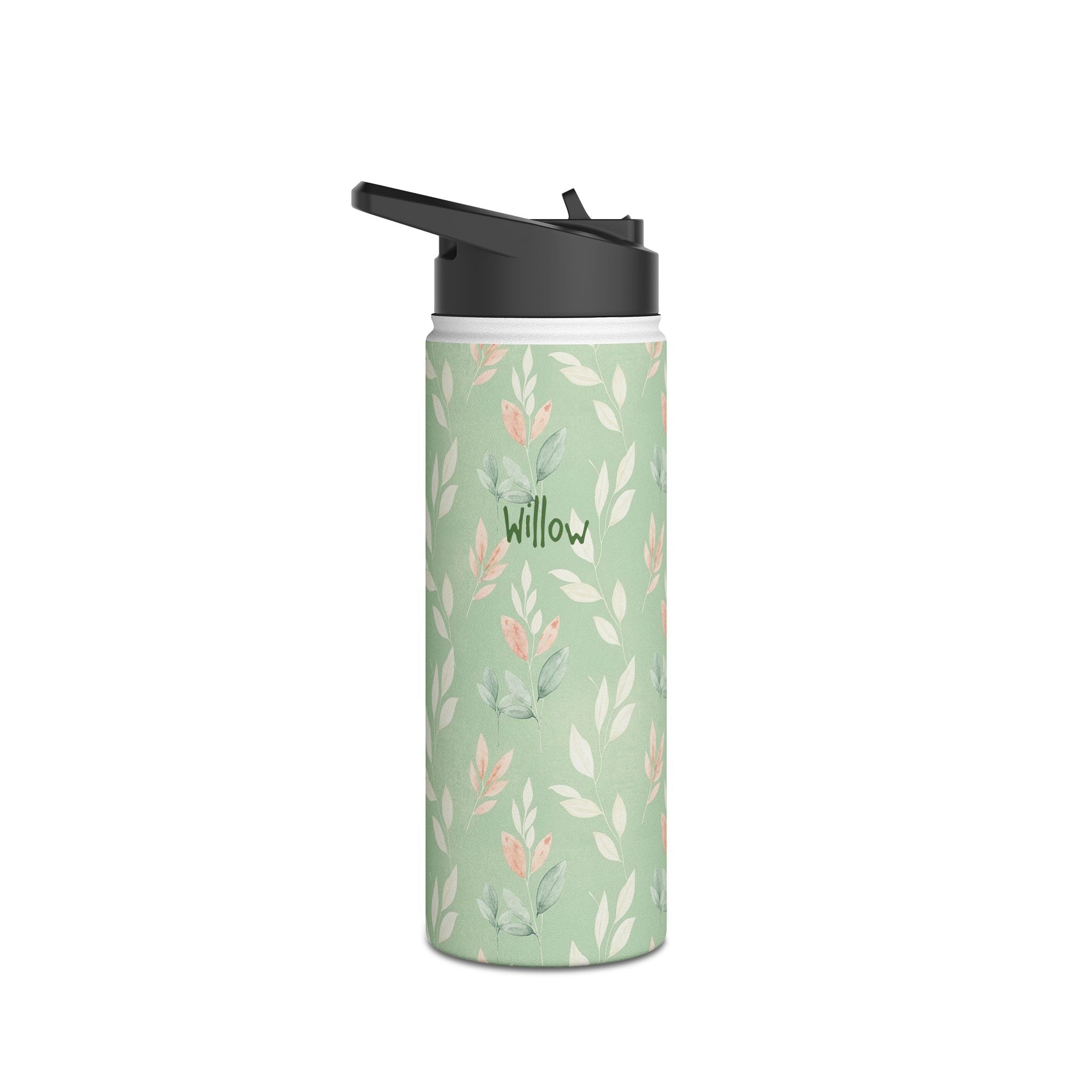 Personalized sage green leaf print water bottle in lifestyle setting