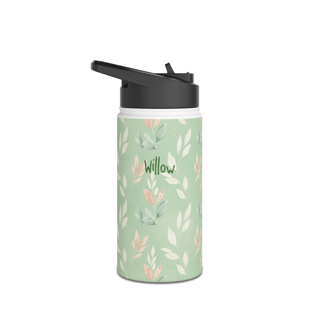 Personalized water bottle with sage green leaf print design, custom name