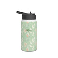 Personalized water bottle with sage green leaf print design, custom name