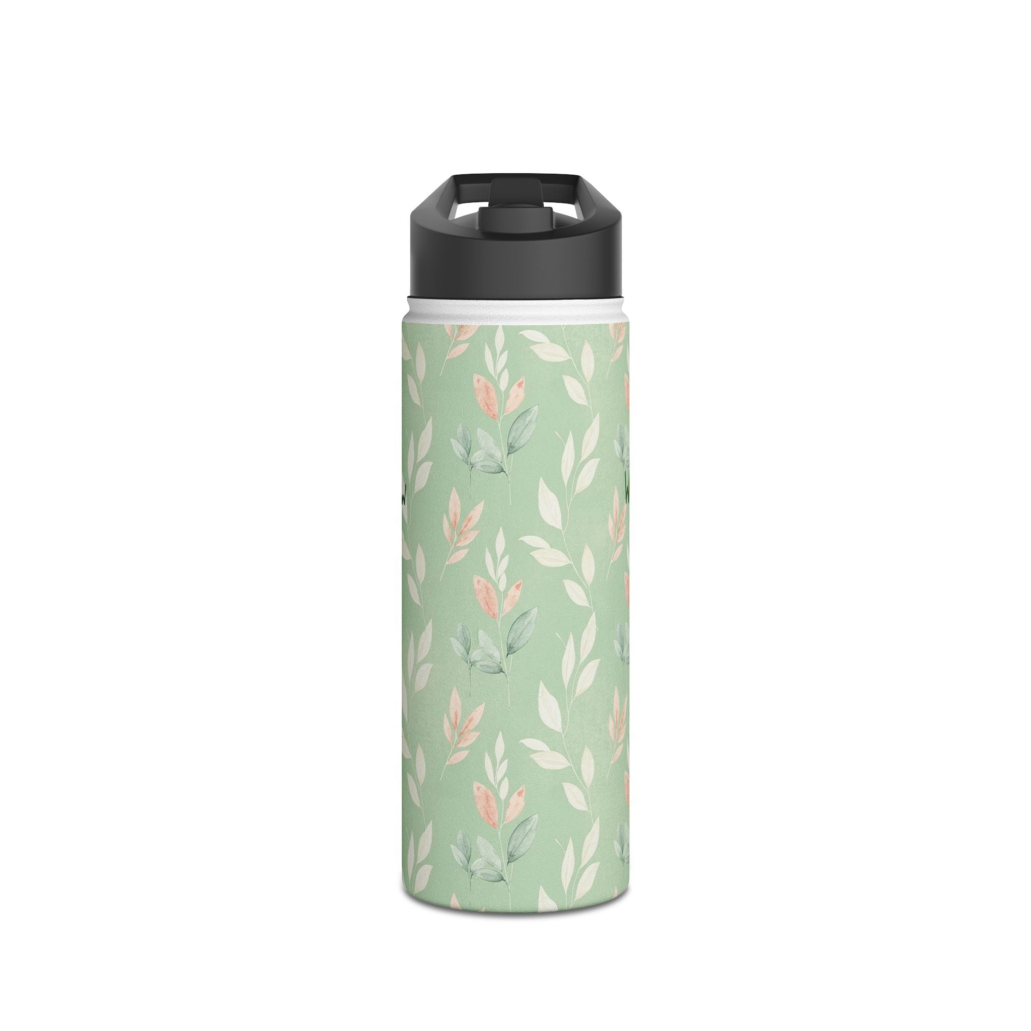 Personalized sage green leaf print water bottle size comparison