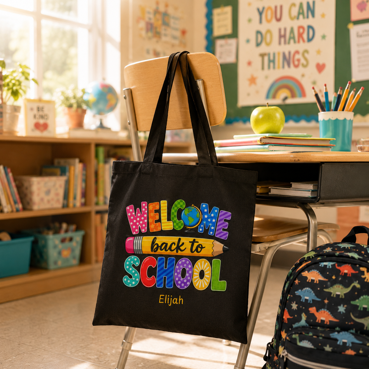 Personalized welcome back to school canvas tote bag styled in a home setting