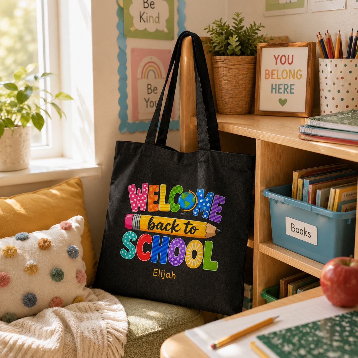 Personalized welcome back to school tote bag shown worn on shoulder, lifestyle photo
