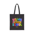 Personalized welcome back to school canvas tote bag with custom name, colorful design