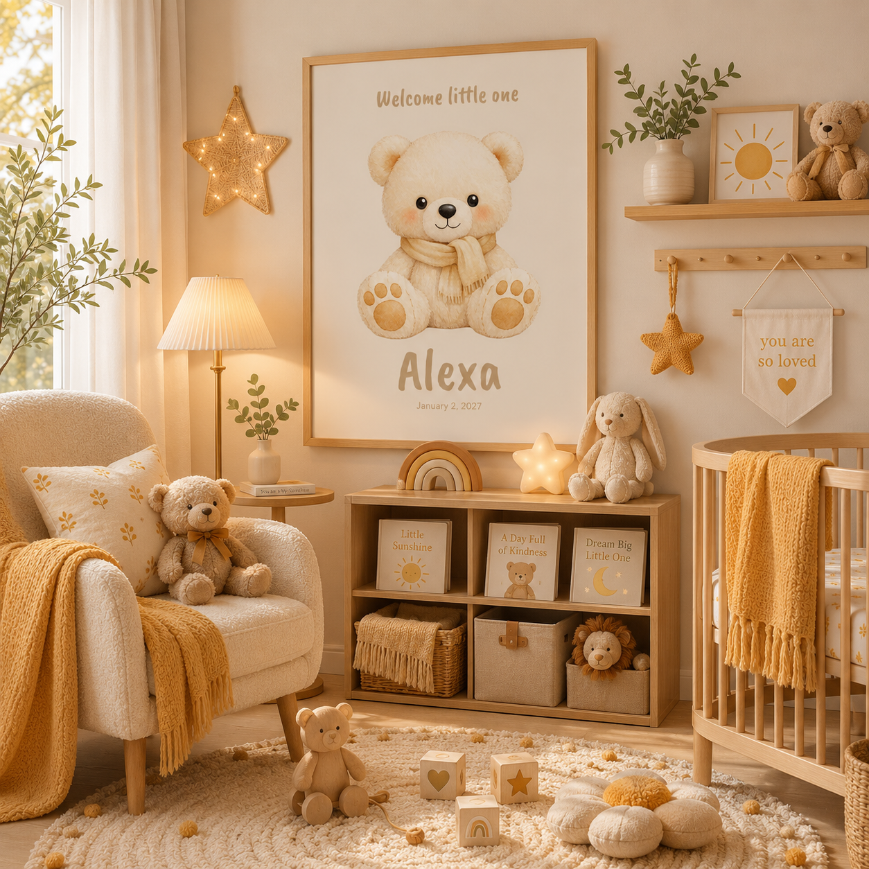 Close-up of white bear nursery poster showing personalized name and birth date