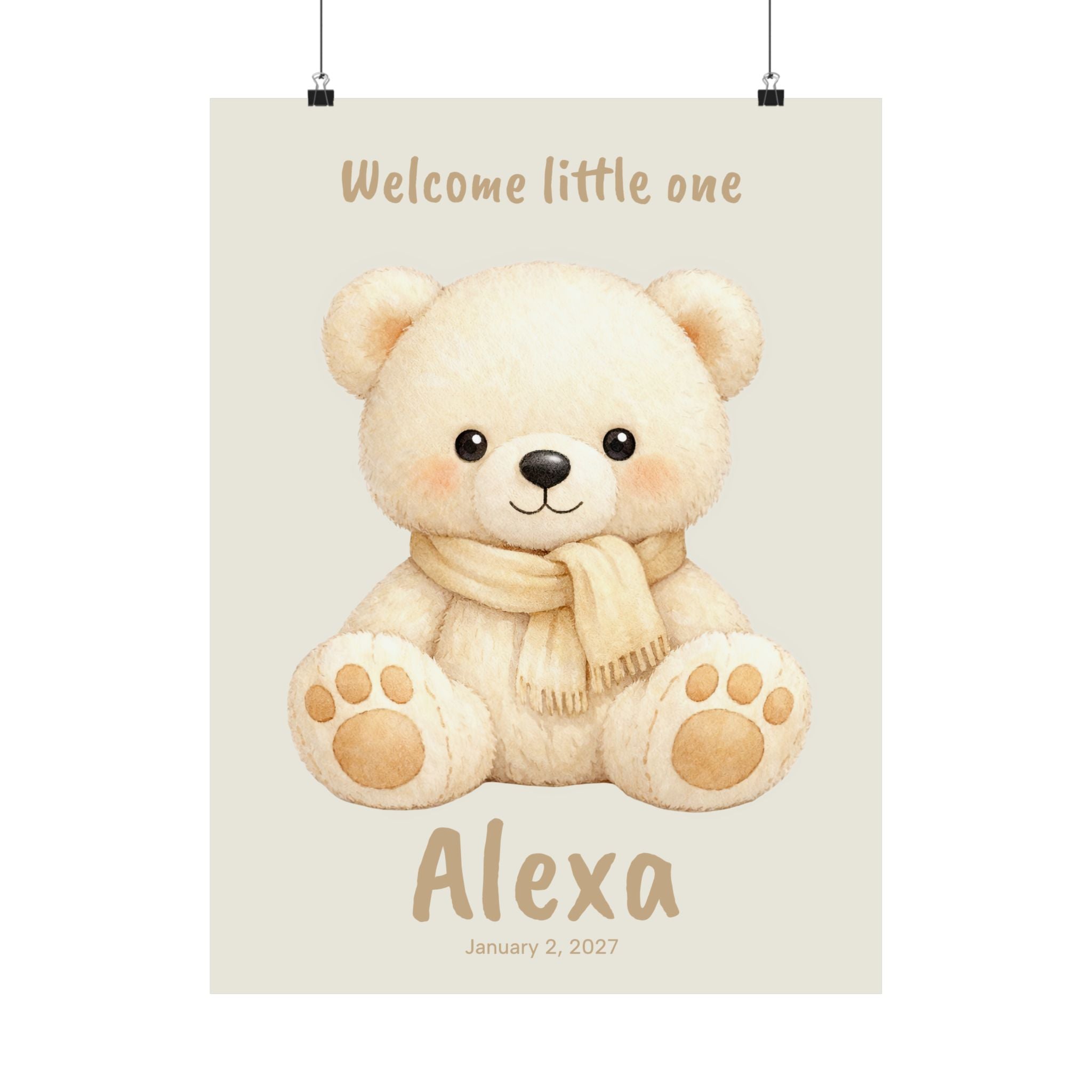 Personalized white bear with scarf nursery poster, custom baby name and birth date