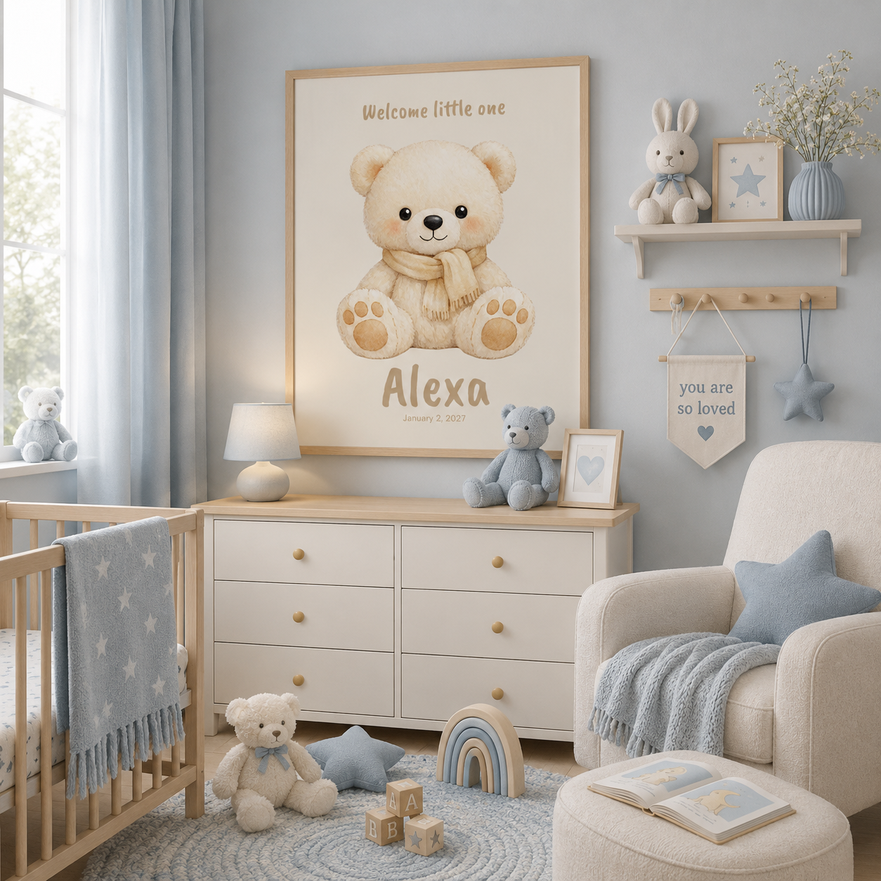 Fluffy white bear baby name poster displayed in Scandinavian nursery room