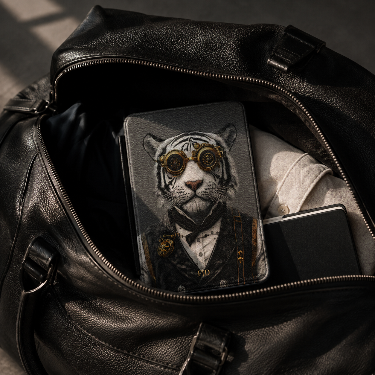 Personalized White Tiger Kindle case black Saffiano leatherette back cover shown in a black leather travel bag