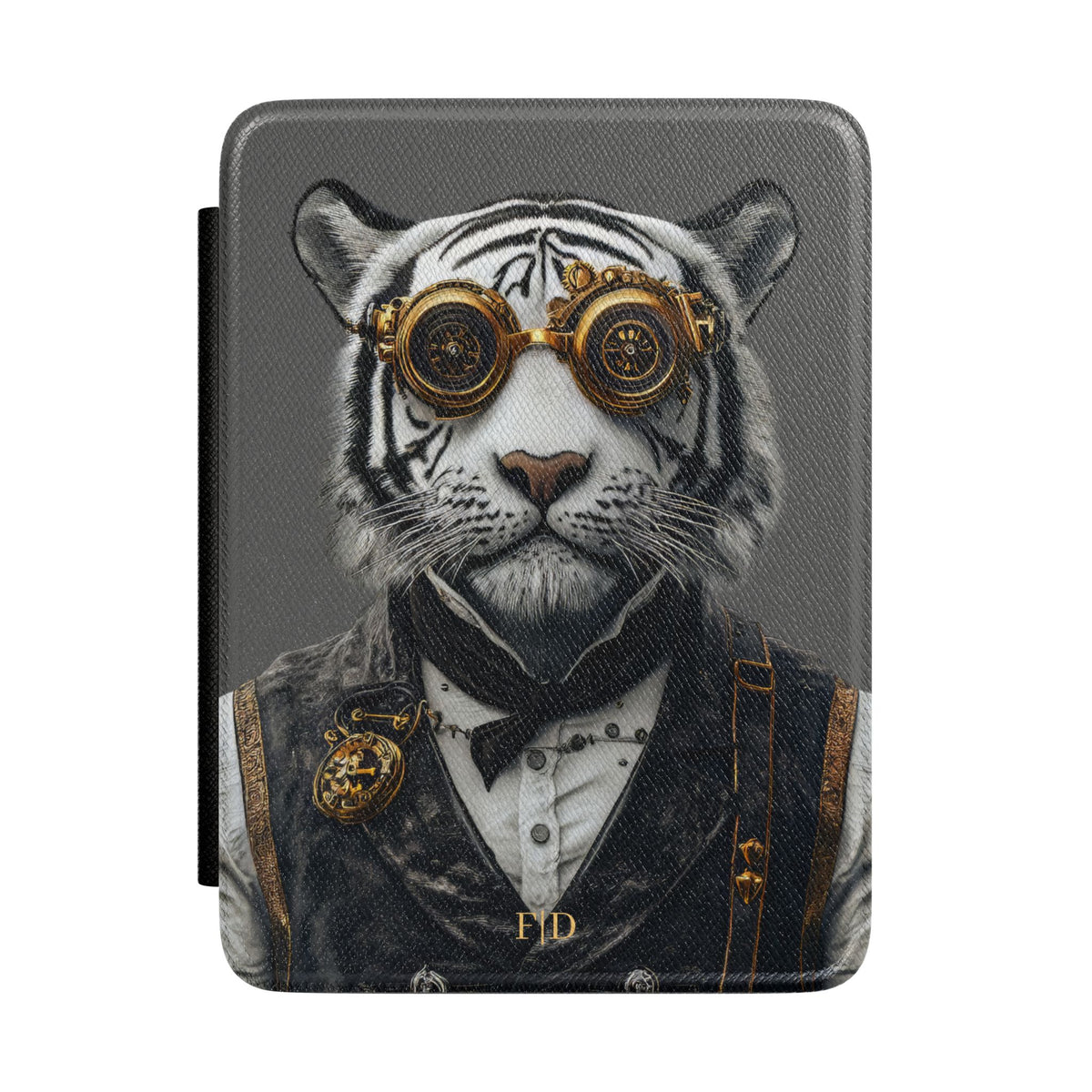 Personalized White Tiger Kindle case front cover design with custom initials