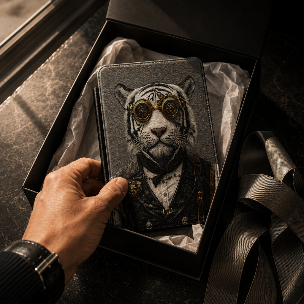Personalized White Tiger Kindle case shown as a personalized gift