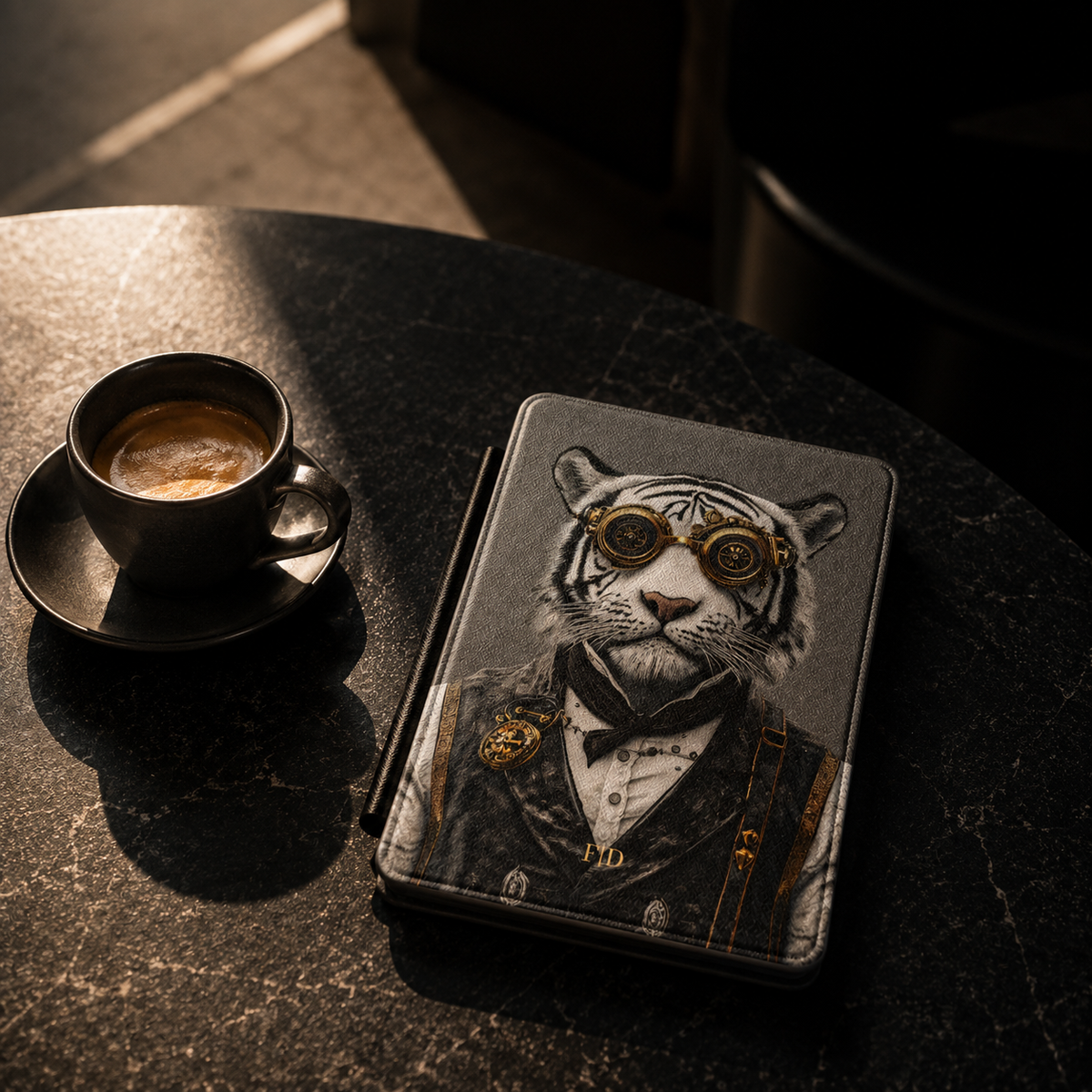 Personalized White Tiger Kindle case shown on a black marble coffee table