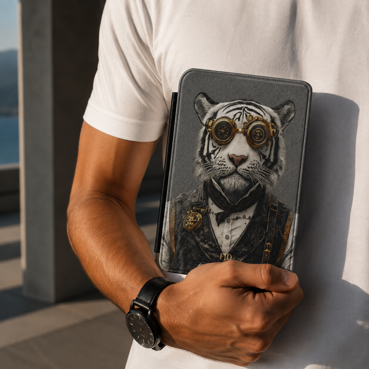 Personalized White Tiger Kindle case held in hand in front of white t-shirt